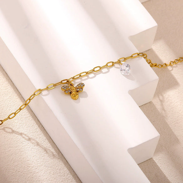 Women's Goldplated Titanium Steel Bee And Flower Bracelet With Transparent Crystal Pendant Geometric Square Chain And Sparkling Inlay Details