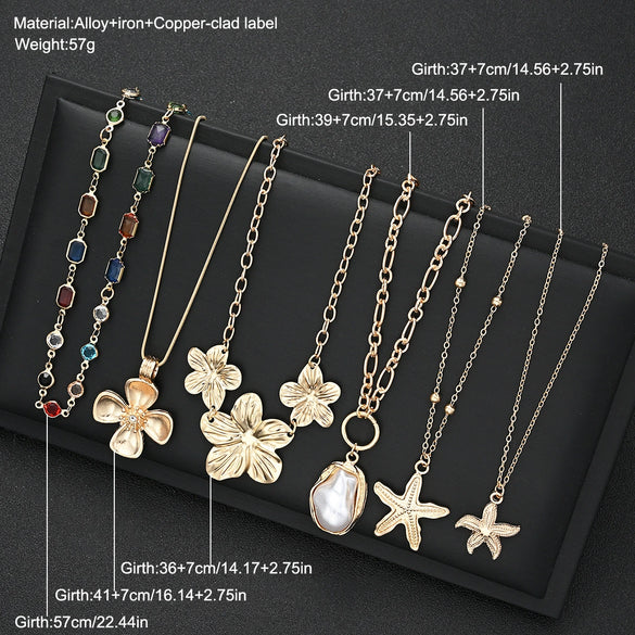 Women's Goldtone Alloy Flower And Star Pendant Necklace With Irregular Tassel Chain Electroplated Layered Design Wholesale