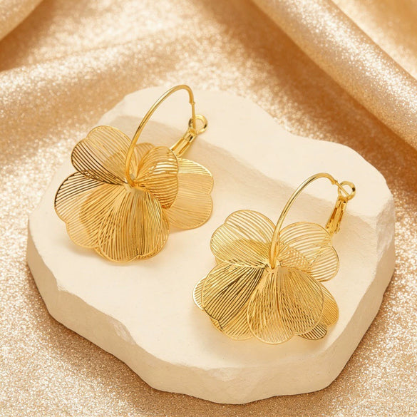 Women's Goldtone Flower Hoop Earrings With Exaggerated Floral Design Electroplated Metal Finish And Stainless Steel Ear Posts Elegant Statement Jewelry