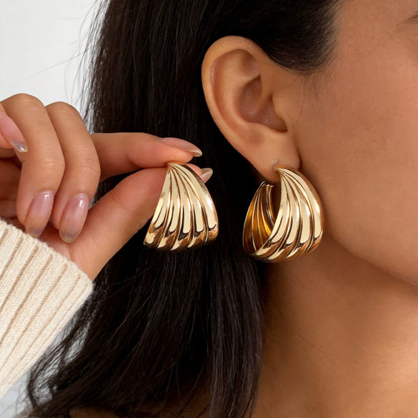 Women's Goldtone Geometric Cshaped Statement Earrings With Layered Design And Stainless Steel Ear Posts