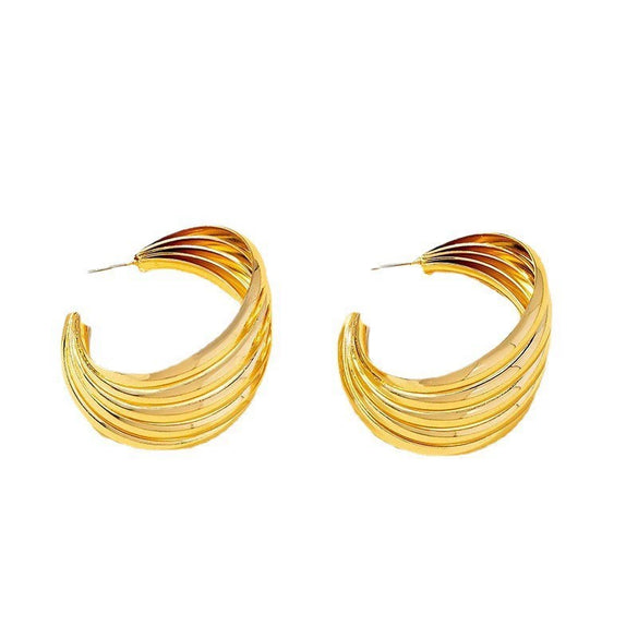 Women's Goldtone Geometric Cshaped Statement Earrings With Layered Design And Stainless Steel Ear Posts