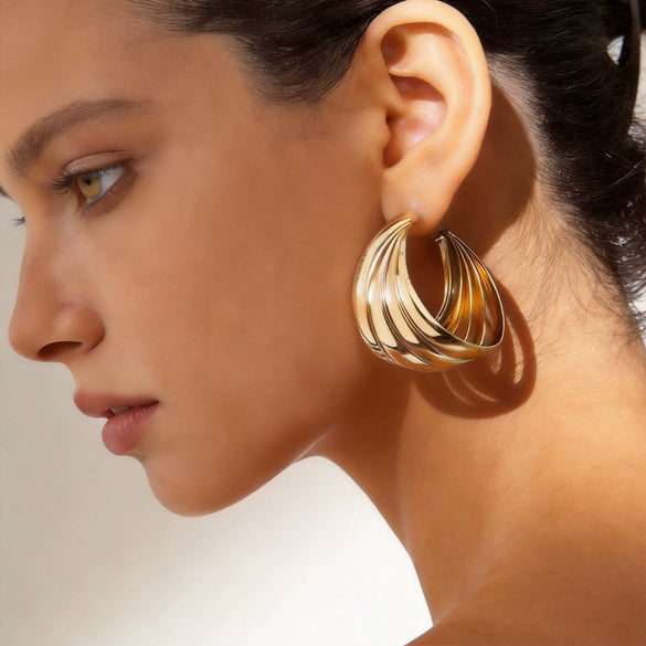 Women's Goldtone Geometric Cshaped Statement Earrings With Layered Design And Stainless Steel Ear Posts