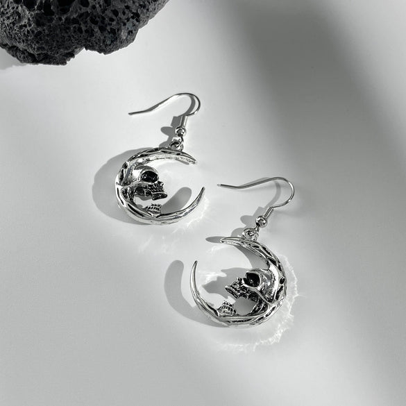 Women's Gothic Dark Alloy Half Skull Crescent Butterfly Distressed Electroplated Earrings