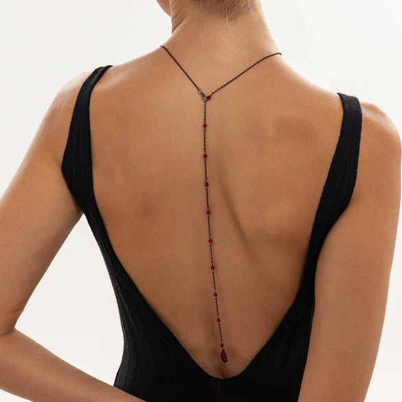 Women's Gothic Red Crystal Beaded Back Body Chain With Teardrop Dripping Tassel Design Electroplated Iron Jewelry