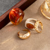 Women's Gradient Amber Resin Alloy Ring Set With Geometric Spiral Stacked Design And Plated Finish