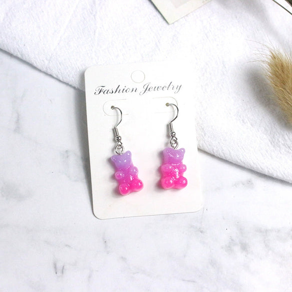 Women's Gradient Candy Color Cartoon Bear Earrings Cute Resin And Plastic Pendant Jewelry For Wholesale