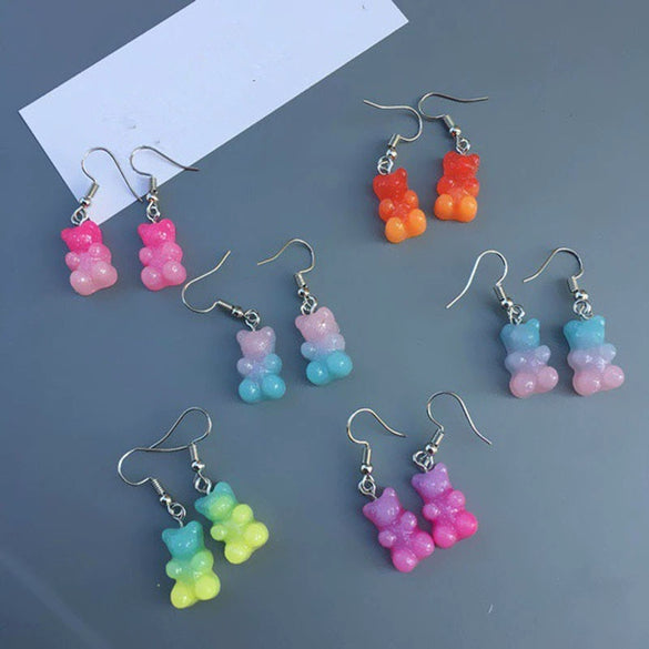 Women's Gradient Candy Color Cartoon Bear Earrings Cute Resin And Plastic Pendant Jewelry For Wholesale