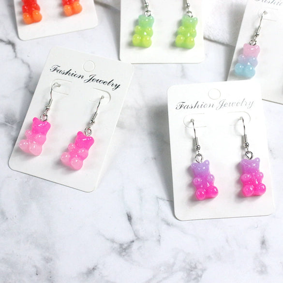 Women's Gradient Candy Color Cartoon Bear Earrings Cute Resin And Plastic Pendant Jewelry For Wholesale