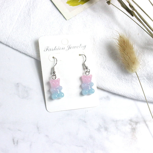 Women's Gradient Candy Color Cartoon Bear Earrings Cute Resin And Plastic Pendant Jewelry For Wholesale