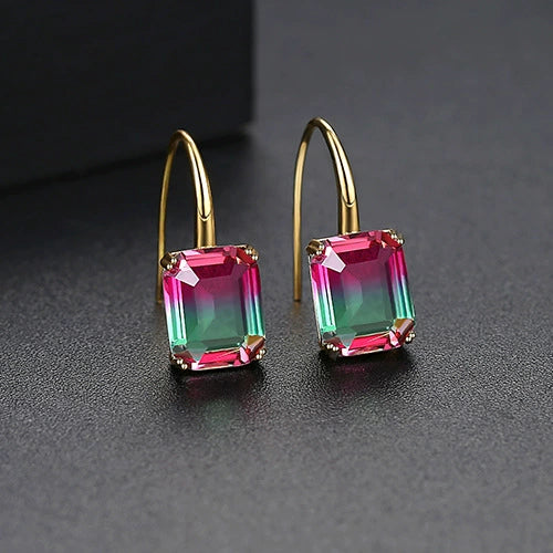 Women's Gradient Color Zircon Imitation Tourmaline Square Geometric Earrings With Electroplated Copper Ear Hooks