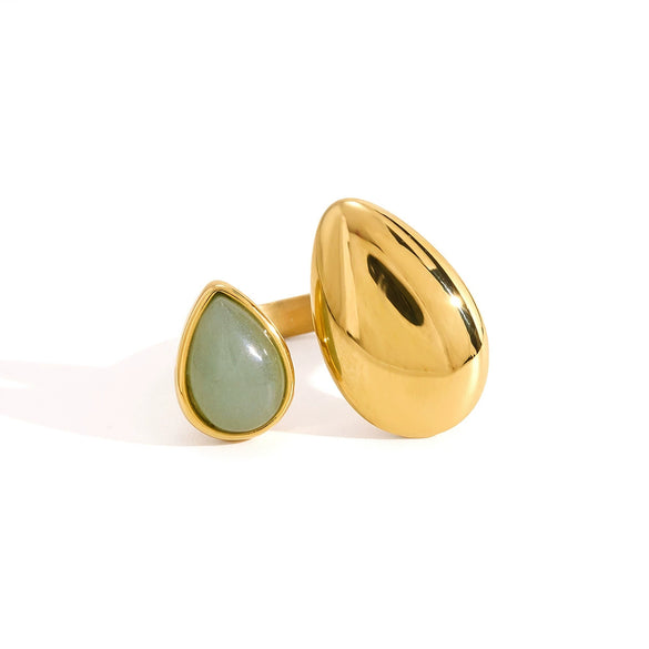 Women's Green Aventurine Stainless Steel Ring With Geometric Teardrop Design Pvd Vacuum Gold Plated Hypoallergenic Jewelry