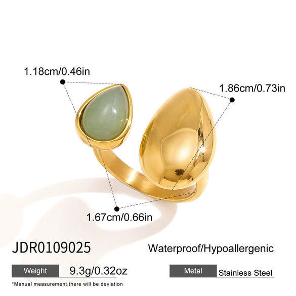 Women's Green Aventurine Stainless Steel Ring With Geometric Teardrop Design Pvd Vacuum Gold Plated Hypoallergenic Jewelry
