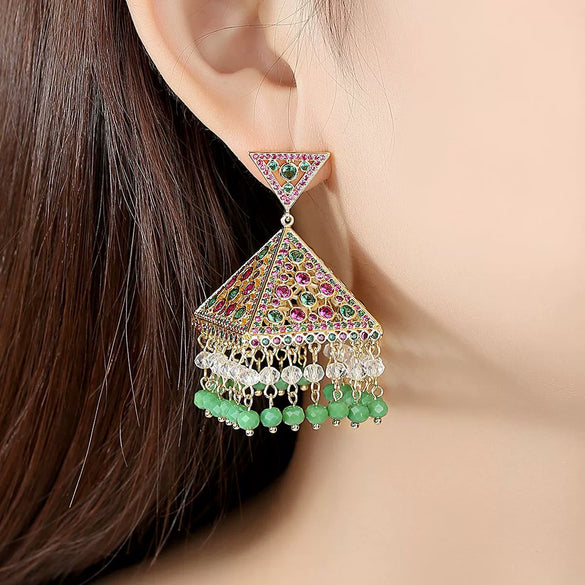 Women's Green Copper Zircon Earrings With Geometric Hollow Design And Electroplated Fashion Style