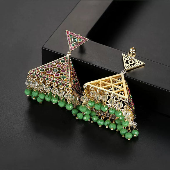Women's Green Copper Zircon Earrings With Geometric Hollow Design And Electroplated Fashion Style
