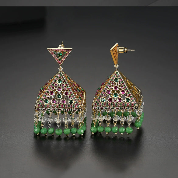 Women's Green Copper Zircon Earrings With Geometric Hollow Design And Electroplated Fashion Style