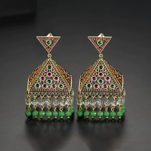 Women's Green Copper Zircon Earrings With Geometric Hollow Design And Electroplated Fashion Style