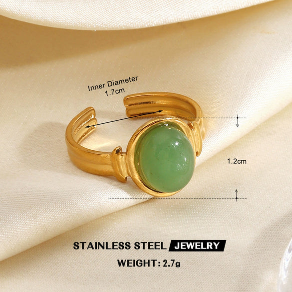 Women's Green Inlaid Stainless Steel Ring With Geometric Line Pattern And Electroplated Non Fading Finish