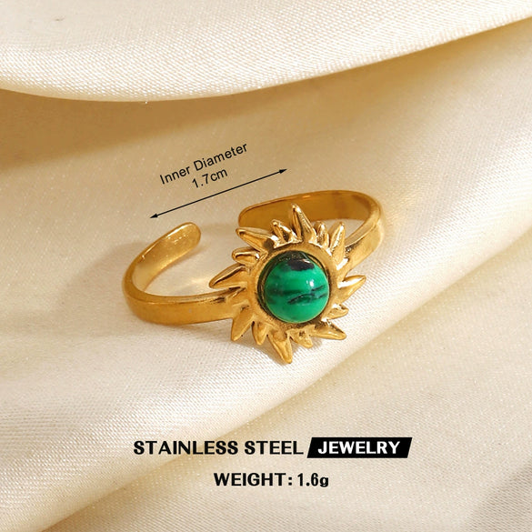 Women's Green Inlaid Stainless Steel Ring With Geometric Line Pattern And Electroplated Non Fading Finish