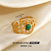 Women's Green Inlaid Stainless Steel Ring With Geometric Line Pattern And Electroplated Non Fading Finish