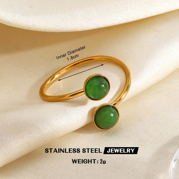 Women's Green Inlaid Stainless Steel Ring With Geometric Line Pattern And Electroplated Non Fading Finish