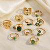 Women's Green Inlaid Stainless Steel Ring With Geometric Line Pattern And Electroplated Non Fading Finish