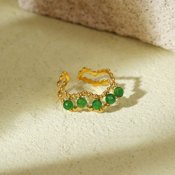 Women's Green Natural Stone Beaded Titanium Steel Ring With Geometric Pattern And Electroplating Treatment Light Luxury Style