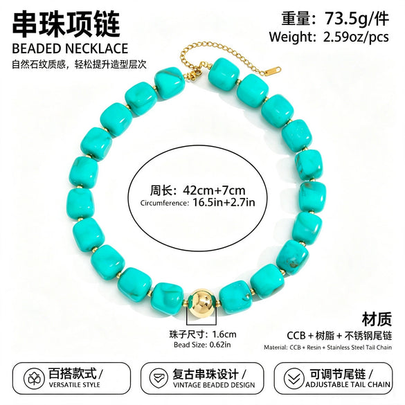 Women's Green Tie Dye Resin Beaded Necklace With Geometric Pendant Handmade Short Necklace With Stainless Steel Details