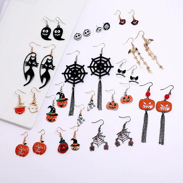 Women's Halloween Alloy Earrings With Dripping Oil Finish Pumpkin Ghost And Spider Designs Playful Festive Costume Jewelry