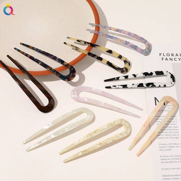 Women's Handmade Acetate Hair Clip With Marble Pattern Simple Geometric Ushaped Hairpin Accessory