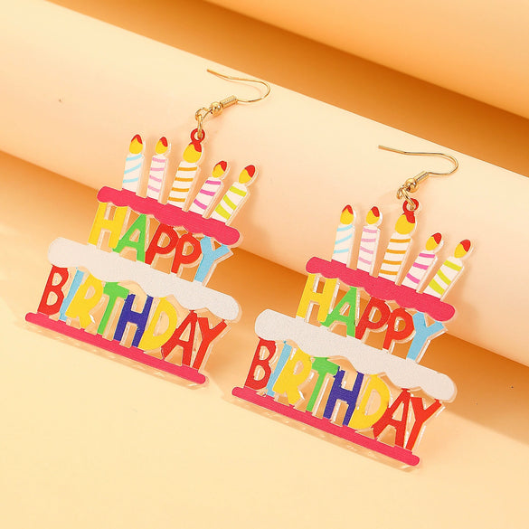 Women's Handmade Acrylic Birthday Cake Candle Earrings Dopamine Colorful Party Style