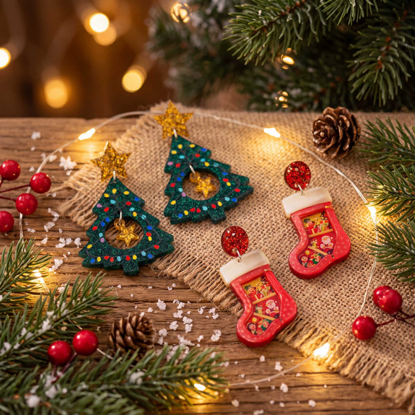 Women’s Handmade Acrylic Christmas Tree Earrings In Red And Green With Stainless Steel Ear Posts For Festive Holiday Style