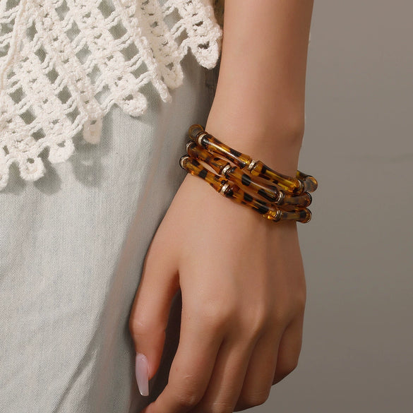 Women's Handmade Acrylic Geometric Beaded And Leopard Print Bracelet