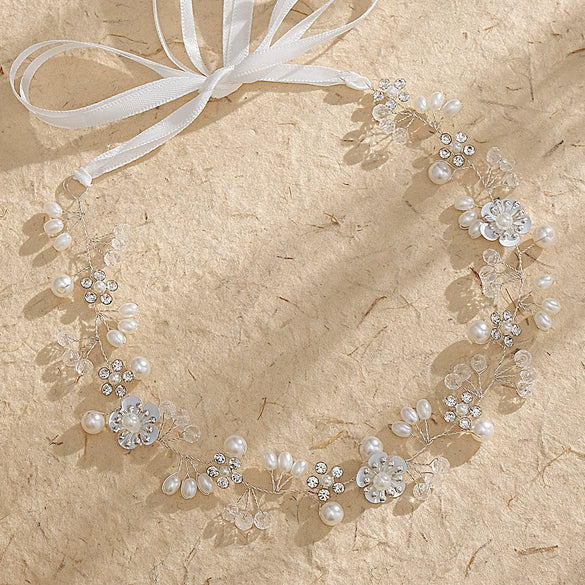 Women's Handmade Alloy Crystal Pearl Flower Headband Simple Beaded Bridal Hair Accessory For Wedding Jewelry