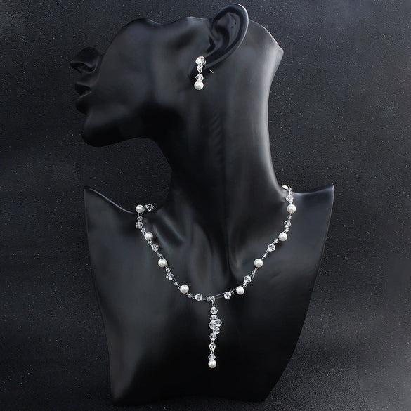 Women's Handmade Alloy Jewelry Set Pearl Necklace And Earrings Two Piece Set With Crystal Heart Water Drop And Bell Pendant
