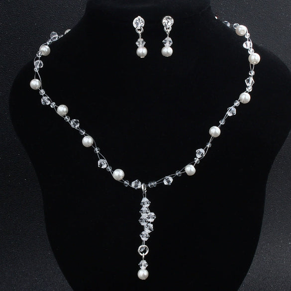 Women's Handmade Alloy Jewelry Set Pearl Necklace And Earrings Two Piece Set With Crystal Heart Water Drop And Bell Pendant