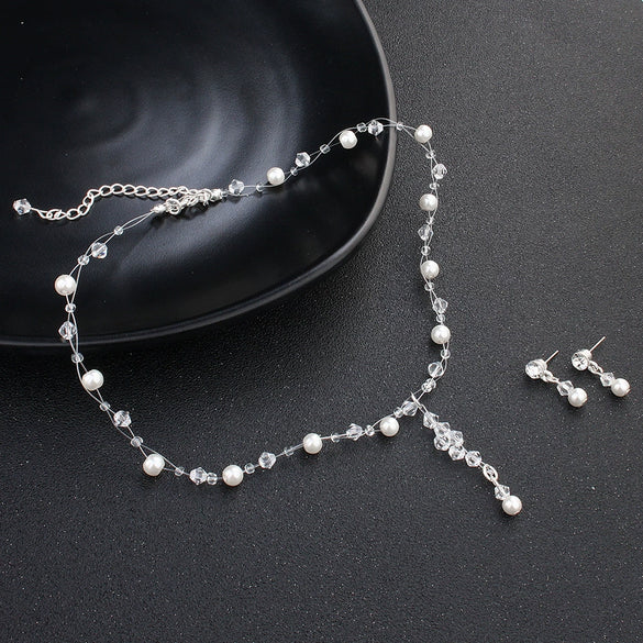Women's Handmade Alloy Jewelry Set Pearl Necklace And Earrings Two Piece Set With Crystal Heart Water Drop And Bell Pendant