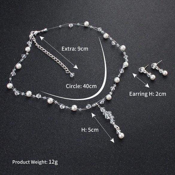 Women's Handmade Alloy Jewelry Set Pearl Necklace And Earrings Two Piece Set With Crystal Heart Water Drop And Bell Pendant