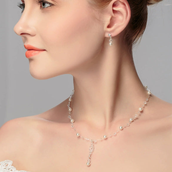 Women's Handmade Alloy Jewelry Set Pearl Necklace And Earrings Two Piece Set With Crystal Heart Water Drop And Bell Pendant