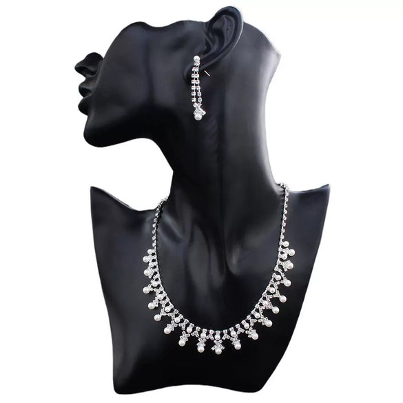 Women's Handmade Alloy Pearl And Rhinestone Geometric Necklace And Earrings Jewelry Set Elegant Simple Matching Jewelry