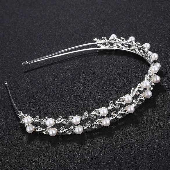 Women's Handmade Alloy Pearl Headband With Double Layer Floral Design Elegant Bridal Hair Accessory