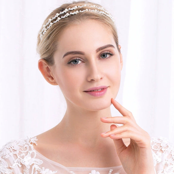 Women's Handmade Alloy Pearl Headband With Double Layer Floral Design Elegant Bridal Hair Accessory