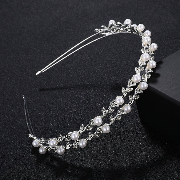 Women's Handmade Alloy Pearl Headband With Double Layer Floral Design Elegant Bridal Hair Accessory