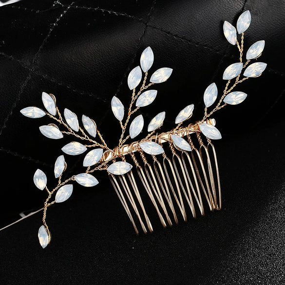 Women's Handmade Alloy Rhinestone Leaf Hair Comb Electroplated Bridal Wedding Headdress Elegant Golden Hair Accessory