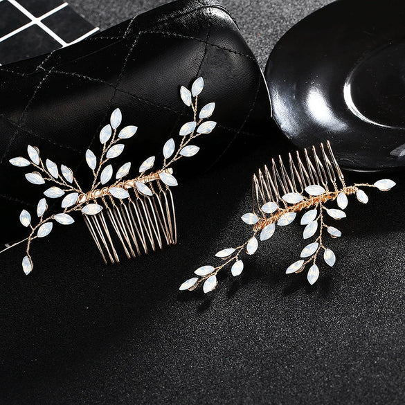Women's Handmade Alloy Rhinestone Leaf Hair Comb Electroplated Bridal Wedding Headdress Elegant Golden Hair Accessory