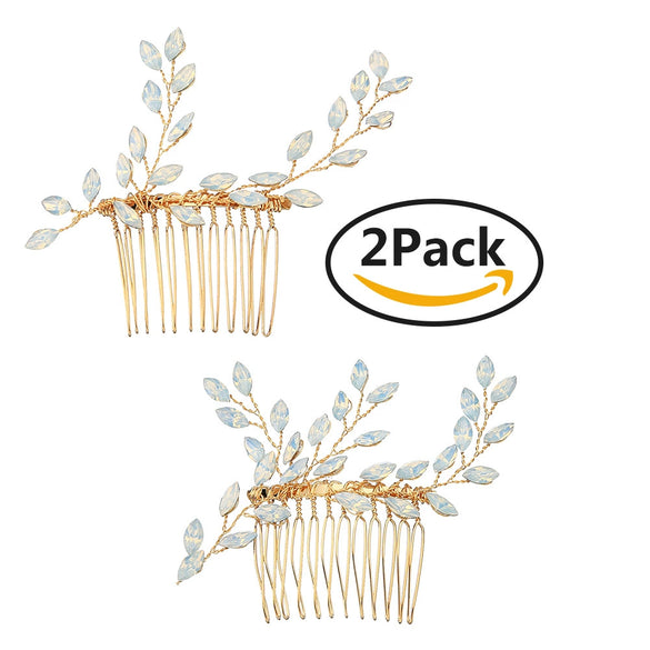 Women's Handmade Alloy Rhinestone Leaf Hair Comb Electroplated Bridal Wedding Headdress Elegant Golden Hair Accessory