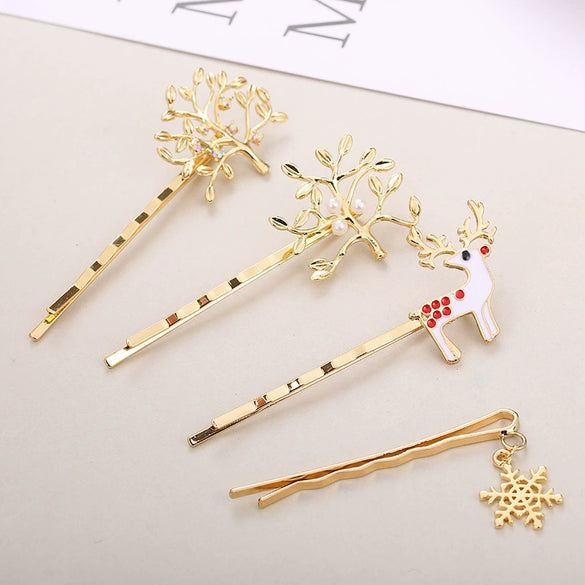 Women's Handmade Artificial Crystal Animals Hairpins Money Tree Deer Snowflake Oneword Clips Trendy Cute Headwear