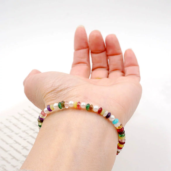 Women's Handmade Artificial Crystal Dopamine Color Ushaped Geometric Beaded Necklace And Bracelet Jewelry With Cross Chain