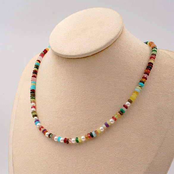 Women's Handmade Artificial Crystal Dopamine Color Ushaped Geometric Beaded Necklace And Bracelet Jewelry With Cross Chain
