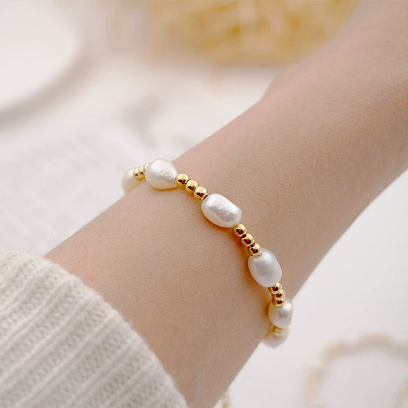 Women's Handmade Baroque Fresh Water Pearl Geometric Bracelet Simple Design Jewelry