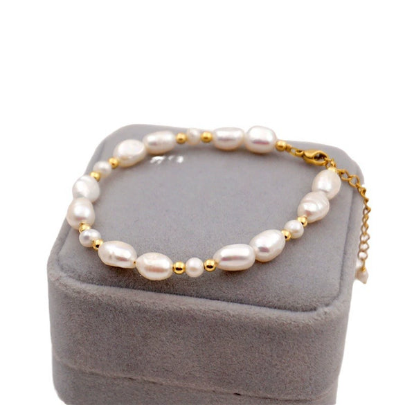 Women's Handmade Baroque Fresh Water Pearl Geometric Bracelet Simple Design Jewelry